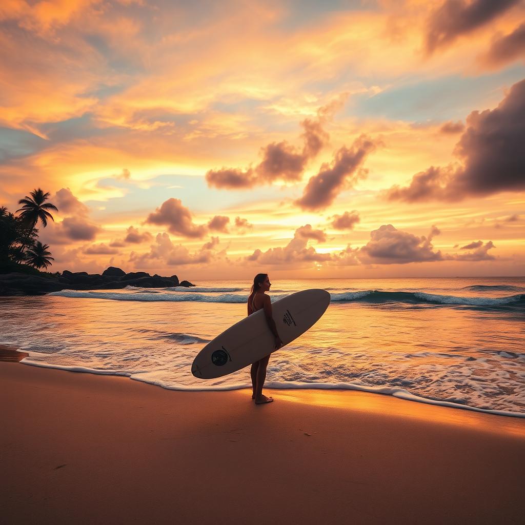 A beautiful Sri Lankan beach at sunset, showcasing a vibrant and warm color palette of brown and colorful hues in the sky