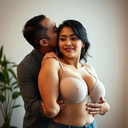 A 39-year-old Indonesian man with pure white skin is tenderly hugging a beautiful 28-year-old woman with a sturdy, sexy body from behind in a standing position