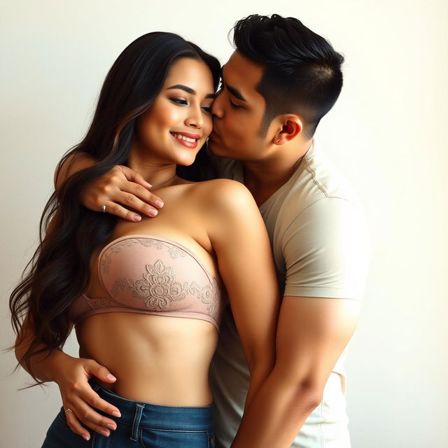A 39-year-old Indonesian man with pure white skin is tenderly hugging a beautiful 28-year-old woman with a sturdy, sexy body from behind in a standing position