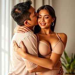 A 39-year-old Indonesian man with pure white skin is tenderly hugging a beautiful 28-year-old woman with a sturdy, sexy body from behind in a standing position