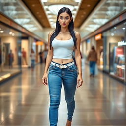 A full-length photograph featuring a sexy and stunning young woman with pale skin, black hair, and mesmerizing crystal blue eyes