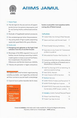 A comprehensive and informative patient manual for AIIMS Jammu, featuring sections on patient rights, treatment procedures, hospital facilities, medical staff interaction, emergency services, and discharge processes
