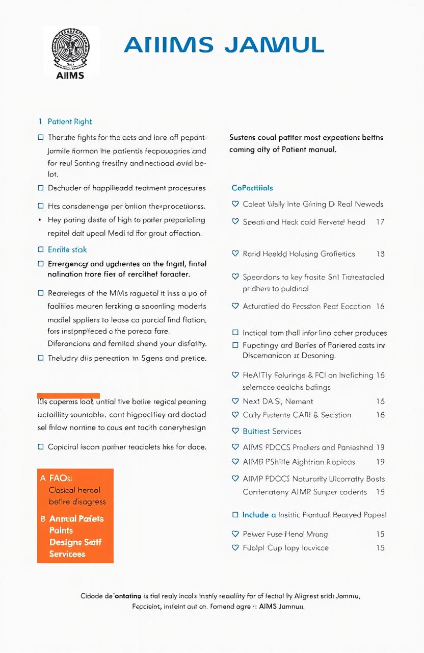 A comprehensive and informative patient manual for AIIMS Jammu, featuring sections on patient rights, treatment procedures, hospital facilities, medical staff interaction, emergency services, and discharge processes