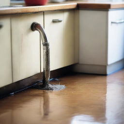 An image displaying a metal pipe in a kitchen, visibly leaking water onto the floor