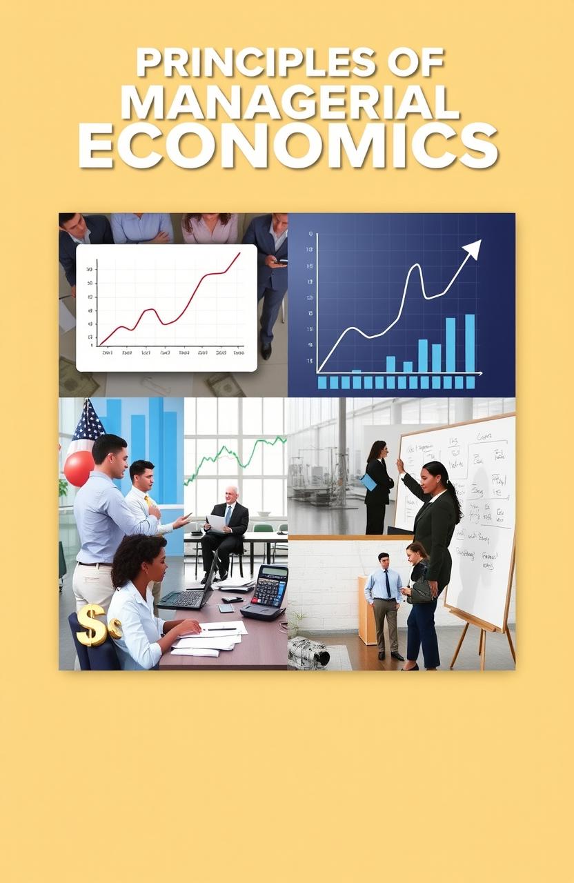 A visually engaging collage representing the principles of managerial economics, featuring elements such as graphs showing supply and demand curves, a business office setting with professionals analyzing financial data, currency symbols, a calculator, and a whiteboard with strategic planning notes