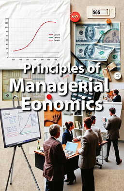 A visually engaging collage representing the principles of managerial economics, featuring elements such as graphs showing supply and demand curves, a business office setting with professionals analyzing financial data, currency symbols, a calculator, and a whiteboard with strategic planning notes