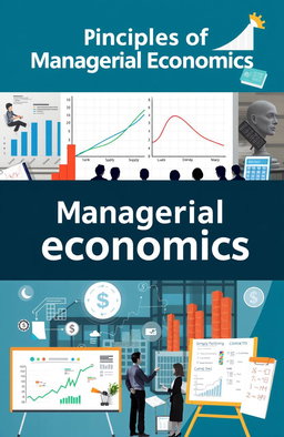 A visually engaging collage representing the principles of managerial economics, featuring elements such as graphs showing supply and demand curves, a business office setting with professionals analyzing financial data, currency symbols, a calculator, and a whiteboard with strategic planning notes