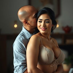 A 39-year-old Indonesian man with pure white skin is embracing a beautiful 28-year-old woman with a sturdy, sexy body from behind in a very affectionate manner, kissing her cheek