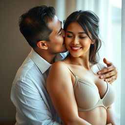 A 39-year-old Indonesian man with pure white skin is embracing a beautiful 28-year-old woman with a sturdy, sexy body from behind in a very affectionate manner, kissing her cheek