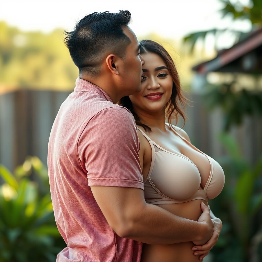 A 39-year-old Indonesian man with pure white skin is embracing a beautiful 28-year-old woman with a sturdy, sexy body from behind in a very affectionate manner, kissing her cheek