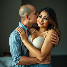 A 39-year-old Indonesian man with pure white skin is embracing a beautiful 28-year-old woman with a sturdy, sexy body from behind in a very affectionate manner, kissing her cheek