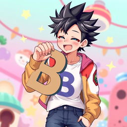 An anime male character with spiky black hair and bright blue eyes, joyfully eating a giant letter 'B' in his hand