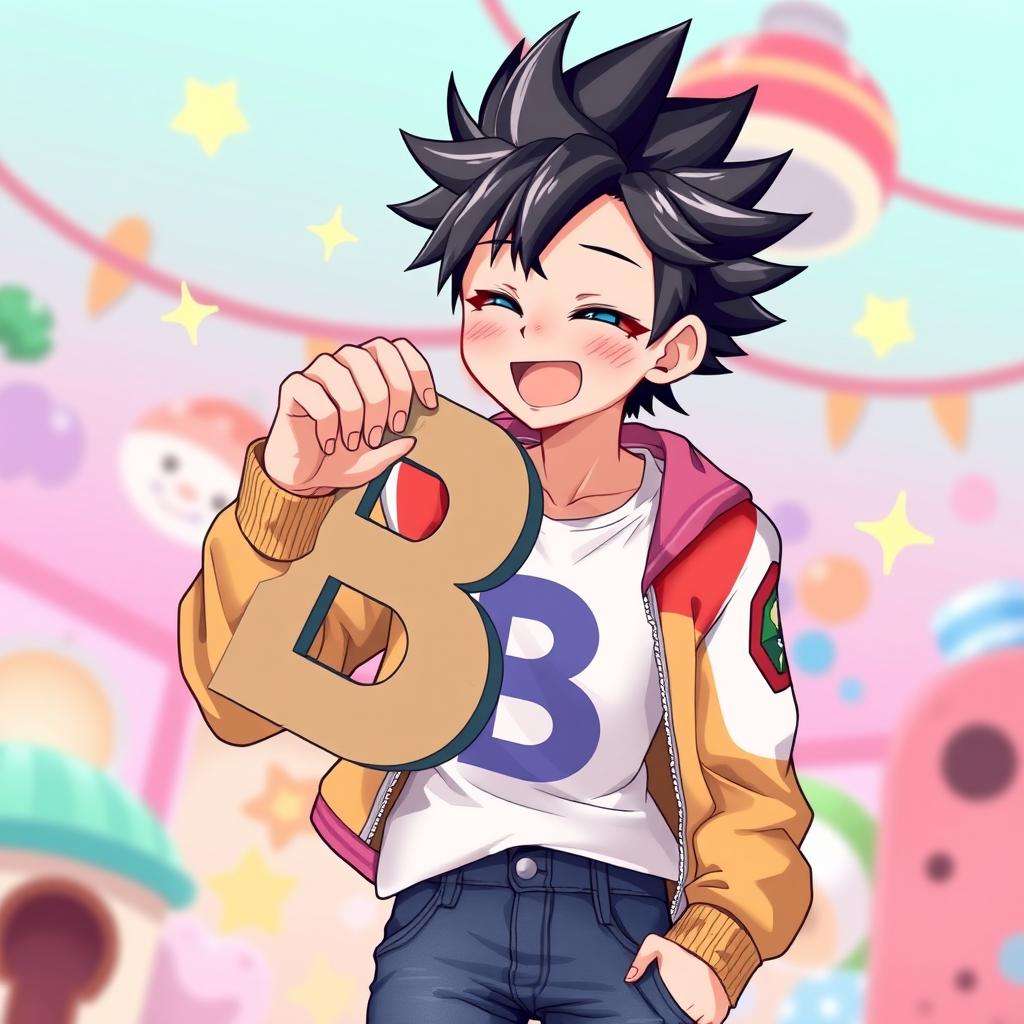 An anime male character with spiky black hair and bright blue eyes, joyfully eating a giant letter 'B' in his hand