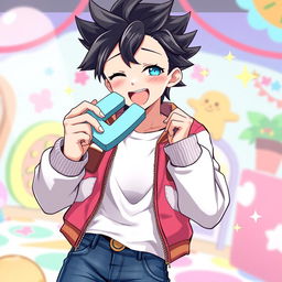 An anime male character with spiky black hair and bright blue eyes, joyfully eating a giant letter 'B' in his hand