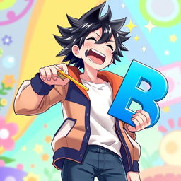 An anime male character with spiky black hair and bright blue eyes, joyfully eating a giant letter 'B' in his hand