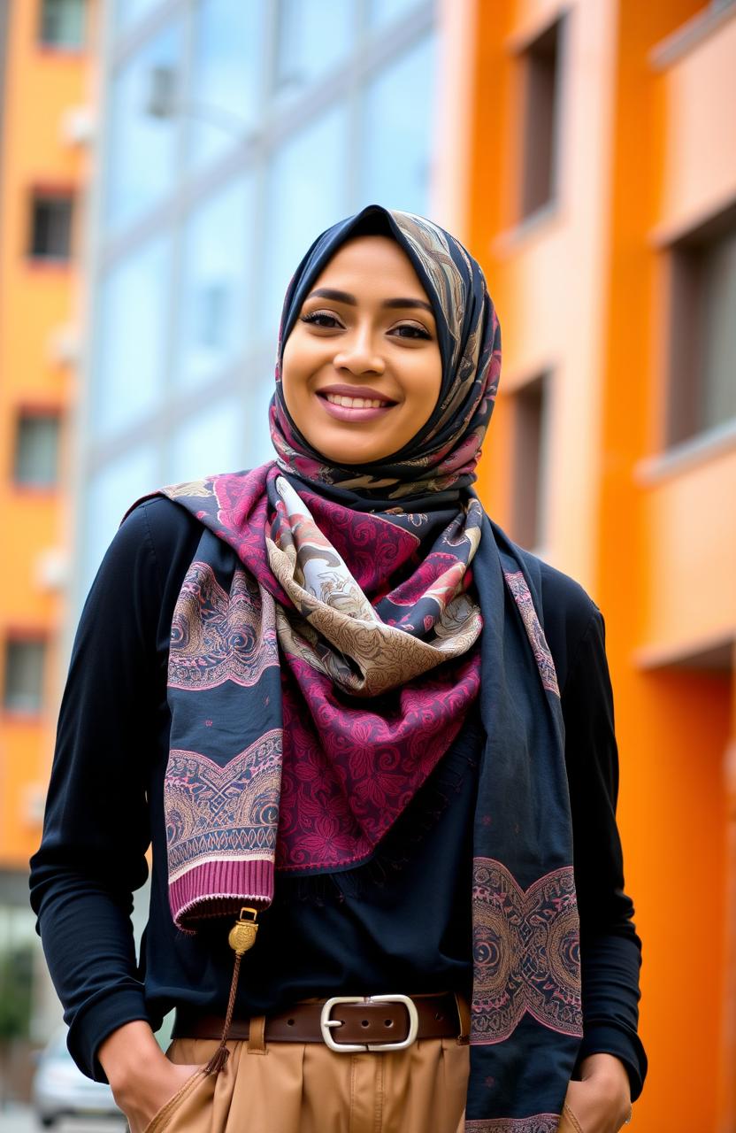 A bold modern woman transitioning to embrace her faith, wearing a beautifully styled hijab that complements her contemporary outfit
