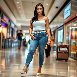 A full-length photograph of a sexy, stunning, and beautiful bottom-heavy young woman with plump features