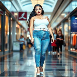 A full-length photograph of a sexy, stunning, and beautiful bottom-heavy young woman with plump features