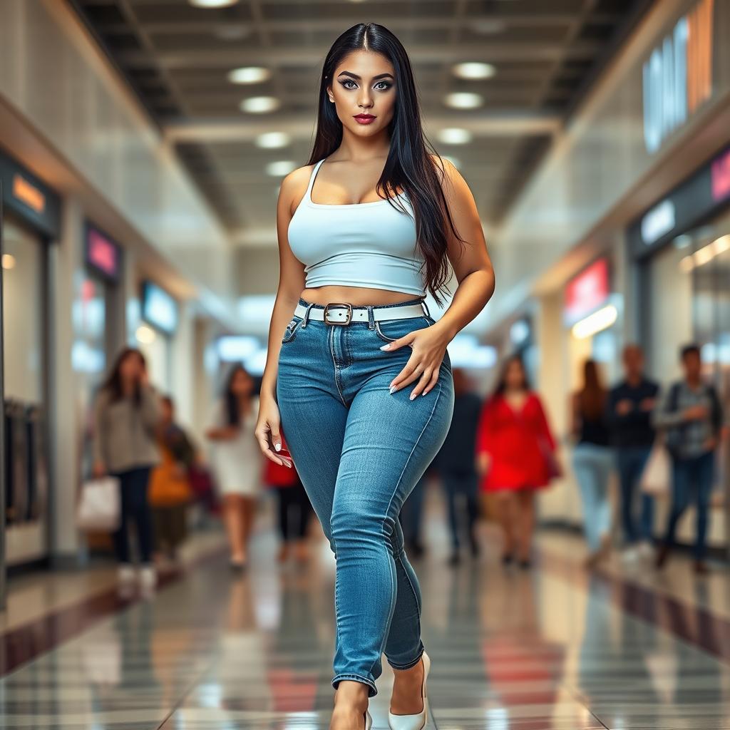 A full-length photograph of a sexy, stunning, and beautiful bottom-heavy young woman with plump features