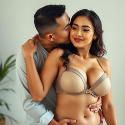 A 39-year-old Indonesian man with pure white skin is lovingly hugging a beautiful 28-year-old woman with a sturdy and sexy body from behind, kissing her cheek affectionately