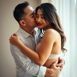 A 39-year-old Indonesian man with pure white skin is lovingly hugging a beautiful 28-year-old woman with a sturdy and sexy body from behind, kissing her cheek affectionately