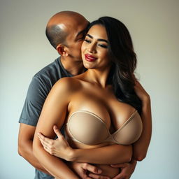 A 39-year-old Indonesian man with pure white skin is lovingly hugging a beautiful 28-year-old woman with a sturdy and sexy body from behind, kissing her cheek affectionately