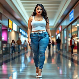 A full-length photograph of a sexy and stunning young woman with plump features, pale skin, and black hair