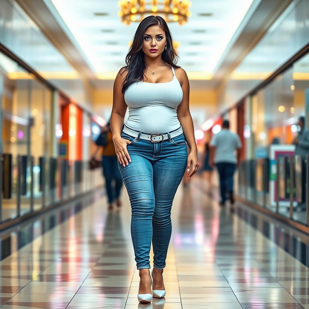 A full-length photograph of a sexy and stunning young woman with plump features, pale skin, and black hair