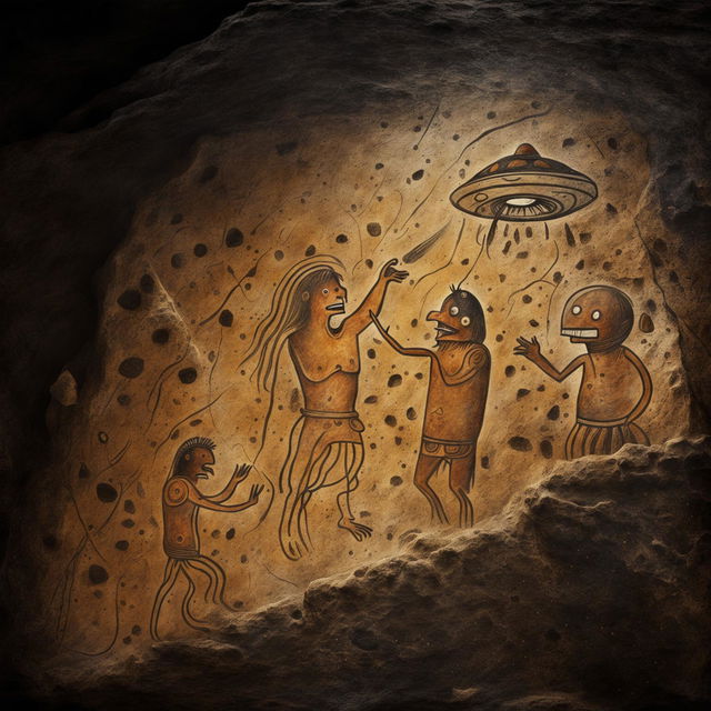 A high-quality, weathered digital artwork that emulates ancient cave drawings, depicting man's first encounters with UFOs