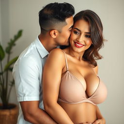 A 39-year-old Indonesian man with pure white skin is affectionately hugging a beautiful 28-year-old woman with a sturdy, sexy body from behind, kissing her cheek