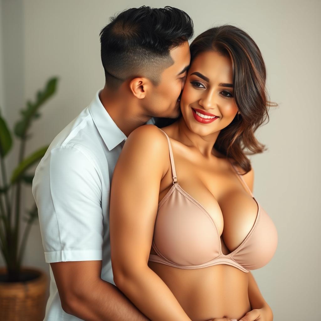 A 39-year-old Indonesian man with pure white skin is affectionately hugging a beautiful 28-year-old woman with a sturdy, sexy body from behind, kissing her cheek