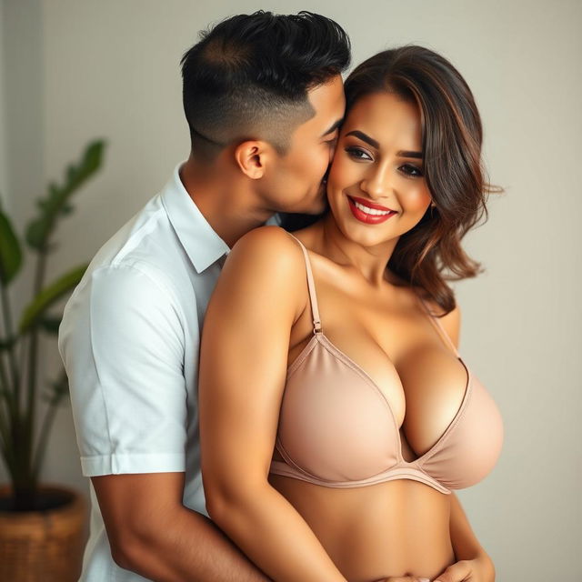 A 39-year-old Indonesian man with pure white skin is affectionately hugging a beautiful 28-year-old woman with a sturdy, sexy body from behind, kissing her cheek