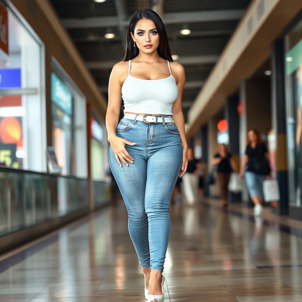 A full-length photograph of a sexy, stunning, and beautiful young woman with a plump, bottom-heavy figure
