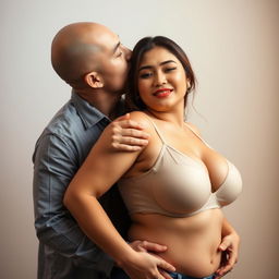 A 39-year-old Indonesian man with pure white skin is affectionately hugging a beautiful 28-year-old woman with a sturdy, sexy body from behind while kissing her cheek