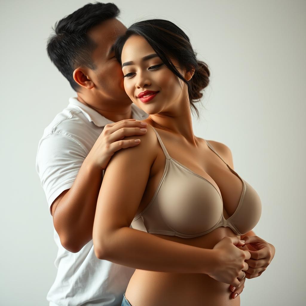 A 39-year-old Indonesian man with pure white skin is affectionately hugging a beautiful 28-year-old woman with a sturdy, sexy body from behind while kissing her cheek