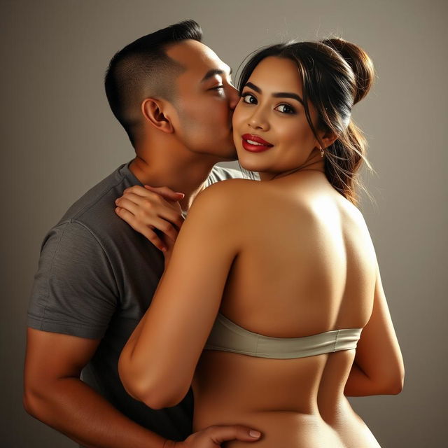 A 39-year-old Indonesian man with pure white skin is affectionately hugging a beautiful 28-year-old woman with a sturdy, sexy body from behind while gently kissing her cheek