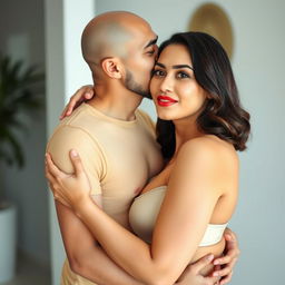 A 39-year-old Indonesian man with pure white skin is affectionately hugging a beautiful 28-year-old woman with a sturdy, sexy body from behind while gently kissing her cheek