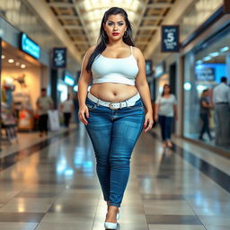 A full-length photograph of a sexy, stunning, and beautiful young woman with a plump, bottom-heavy figure
