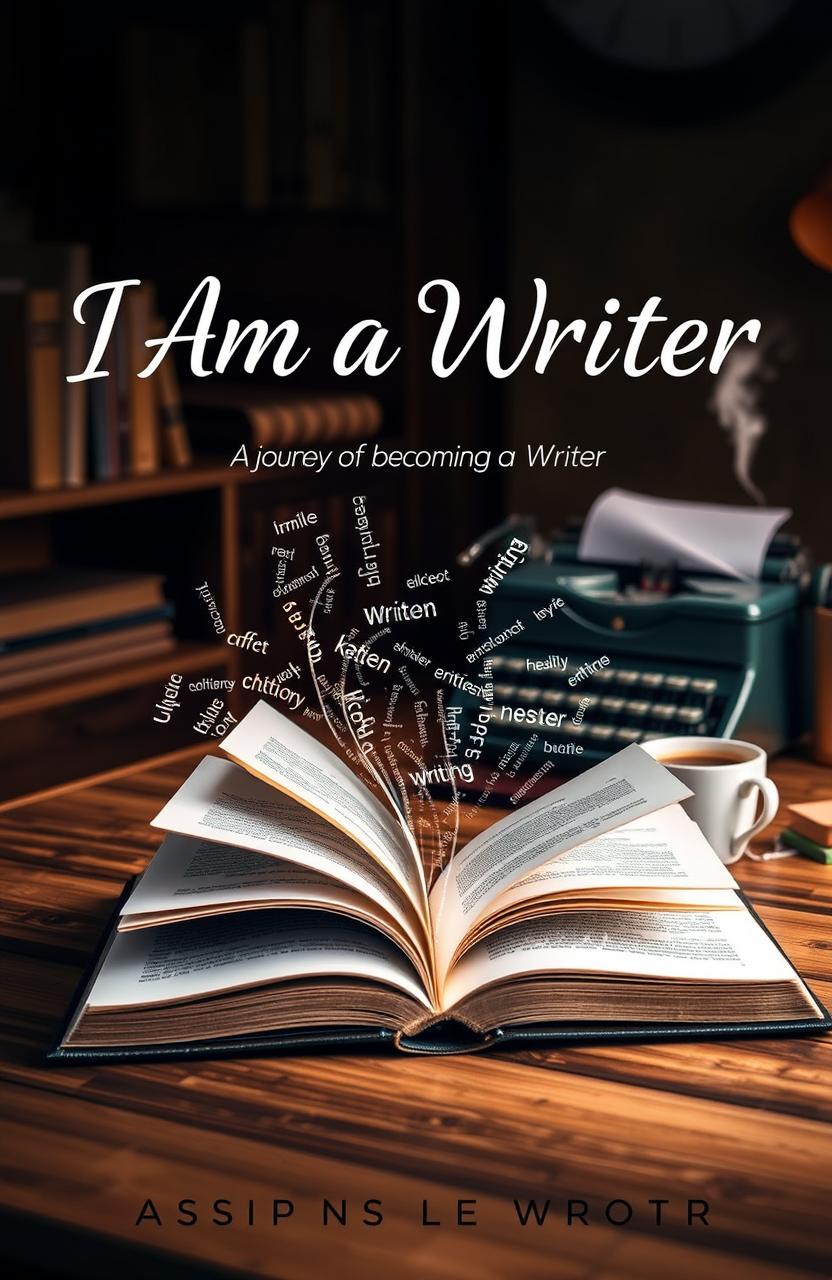A visually striking book cover for 'I Am a Writer', featuring an open book with pages that transform into flowing words, symbolizing creativity and inspiration