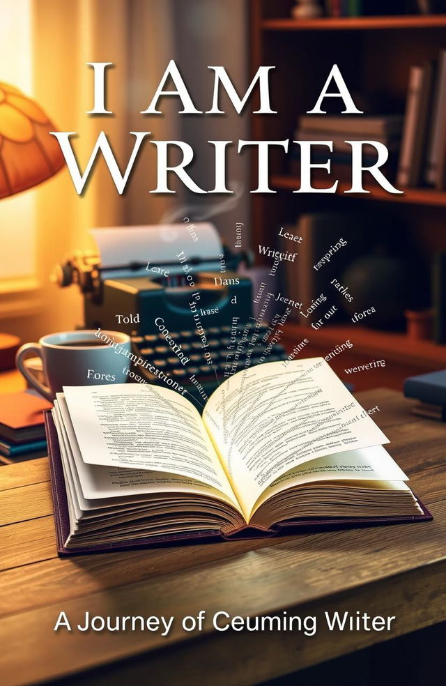 A visually striking book cover for 'I Am a Writer', featuring an open book with pages that transform into flowing words, symbolizing creativity and inspiration