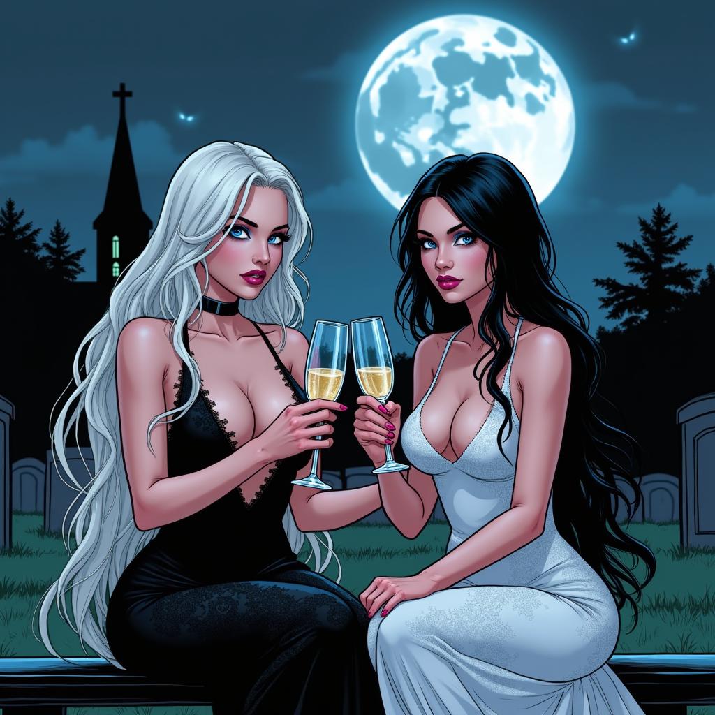 A realistic comic book illustration of two stunning 18-year-old girls in a cemetery at midnight