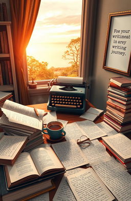 A literary scene depicting a passionate writer at their desk, surrounded by pages of handwritten notes and books