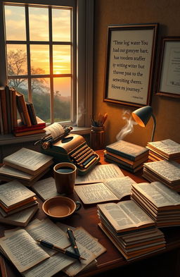 A literary scene depicting a passionate writer at their desk, surrounded by pages of handwritten notes and books