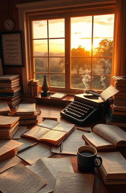 A literary scene depicting a passionate writer at their desk, surrounded by pages of handwritten notes and books