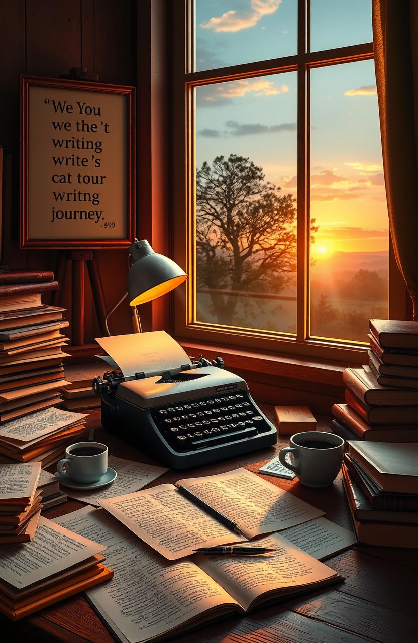 A literary scene depicting a passionate writer at their desk, surrounded by pages of handwritten notes and books