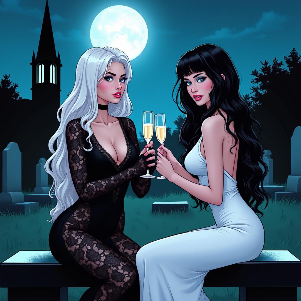 A realistic comic book illustration featuring two stunning 18-year-old girls in a cemetery at midnight