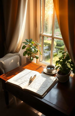A serene scene featuring a vintage writing desk in a cozy nook, illuminated by warm afternoon sunlight