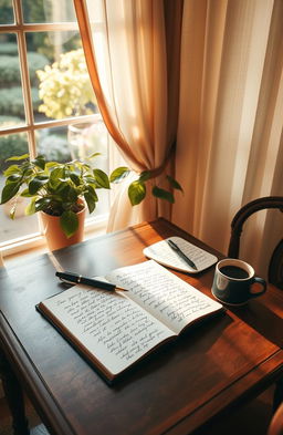 A serene scene featuring a vintage writing desk in a cozy nook, illuminated by warm afternoon sunlight