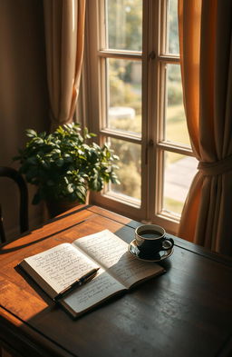 A serene scene featuring a vintage writing desk in a cozy nook, illuminated by warm afternoon sunlight