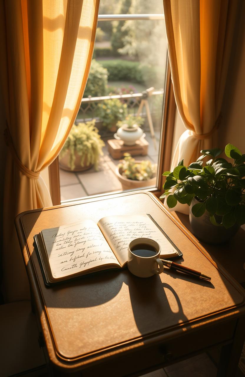 A serene scene featuring a vintage writing desk in a cozy nook, illuminated by warm afternoon sunlight